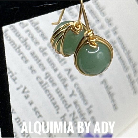 Aventurine gold drops dangle earrings/manifesting prosperity and joy - Picture 2 of 4